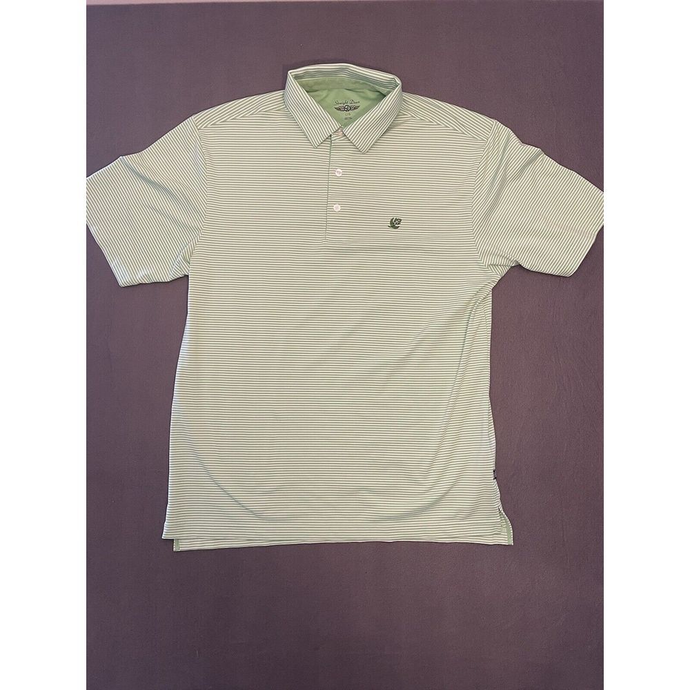 Straight Down Polo Shirt Men's Large Embroidered Leaf‎ Green Striped Spandex